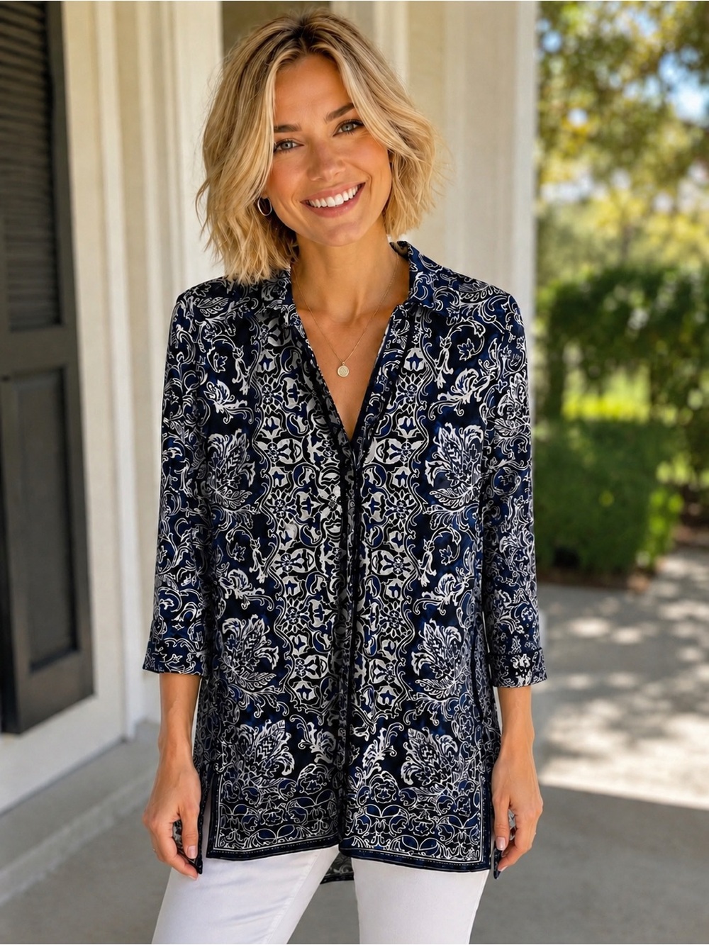 White House Black Market Navy and White Patterned Button-Up Tunic
